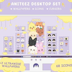 May include: A computer monitor displaying a desktop set with a purple background and yellow clouds. The set features ateez characters and 68 icons. The text "Ateez Desktop Set" is at the top of the screen. The text "+2 Ultrawide Wallpapers" is at the bottom left of the screen. The text "68 Icons" is at the bottom right of the screen.