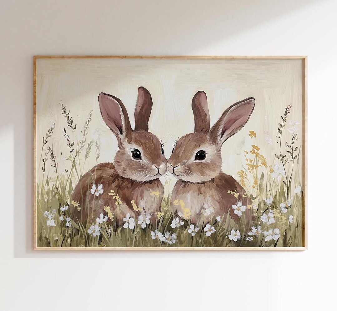 Neutral Rabbit Stuff For Rabbits Cute Neutral Rabbits Print Neutral Vintage Style Easter Bunny Painting ...