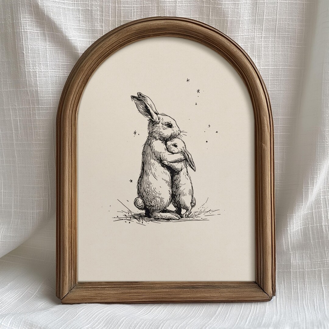 Mother and Baby Bunny Hug Drawing Vintage Rabbit Ink Art Print ...