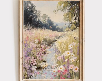 Wildflower Meadow Landscape Oil Paint Digital Wall Art Stream Butterfly for Cottagecore Nature Printable Artwork Coquette Rustic Home Decor