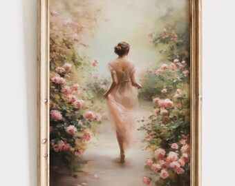 Wildflower Meadow Lady Nature Oil Paint Digital Wall Art Stream Butterfly Cottagecore Nature Printable Artwork Coquette Rustic Home Decor