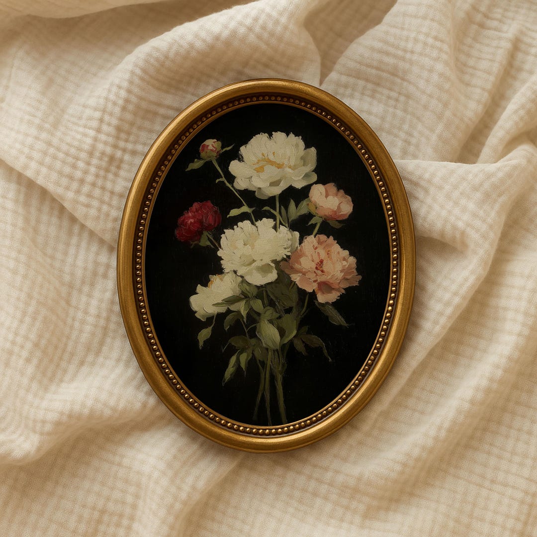 Dark Floral Peony Wall Art Print, Vintage Botanical Still Life Painting ...