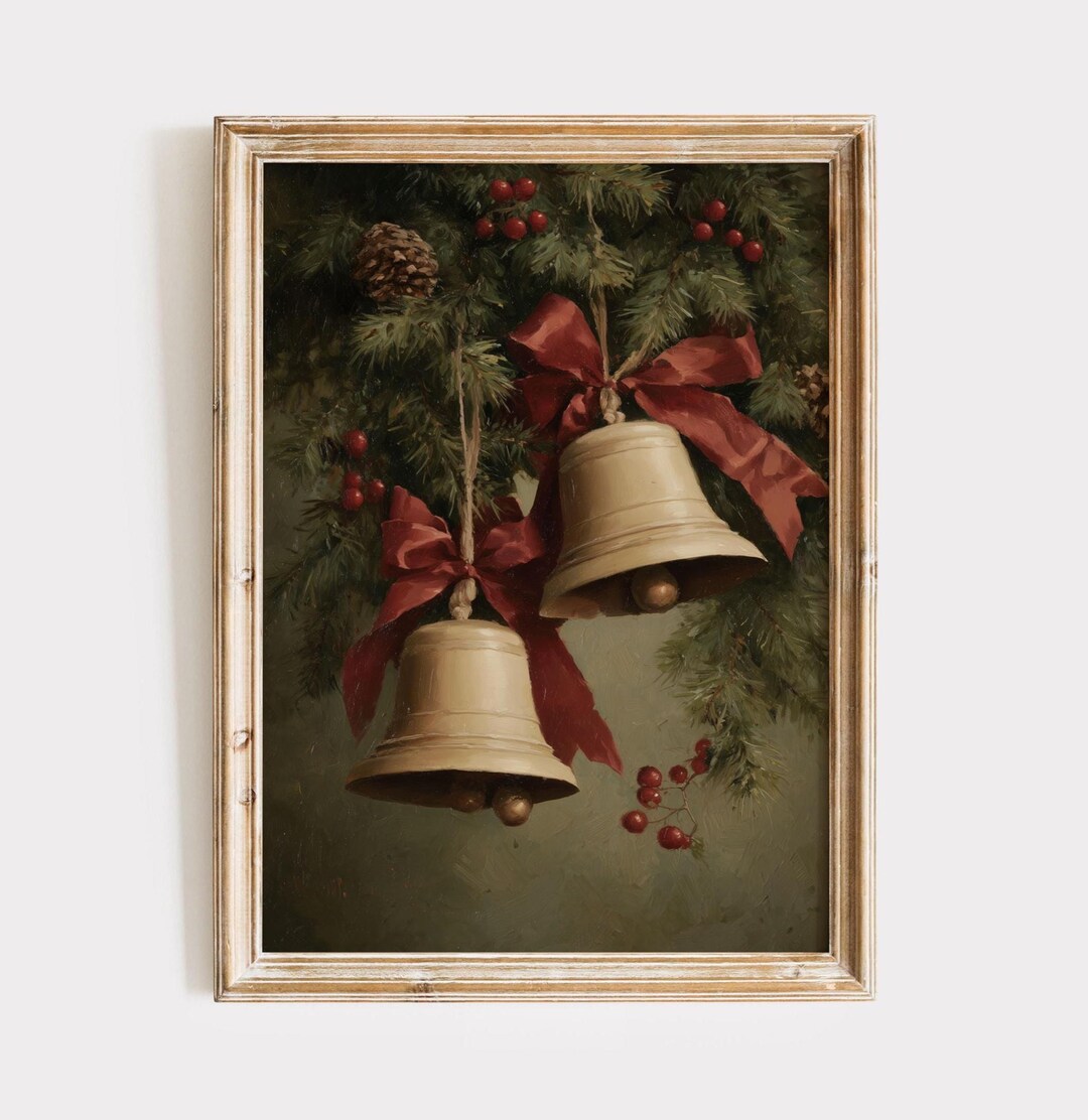 Vintage Christmas Bells Digital Print Rustic Holiday Wall Art With Red ...