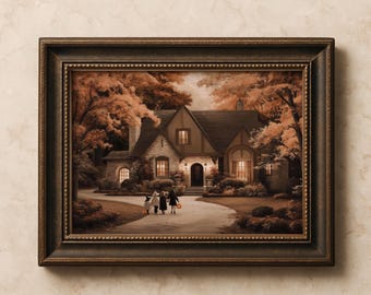 Trick or Treat Halloween Wall Art Print with Kids in Costumes at Cozy Cottage | Horizontal Fall Night Painting | Spooky Autumn Decor