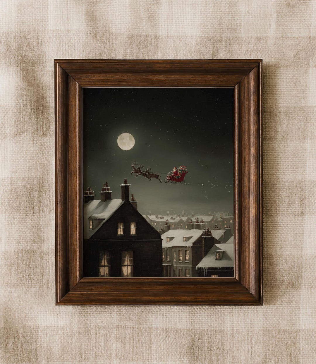 Santa’s Sleigh Over Rooftops Printable Wall Art, Christmas Night Snow ...