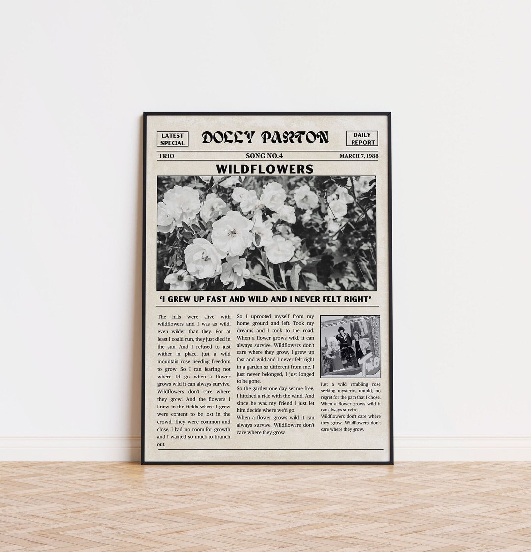 Vintage Dolly Parton Newspaper Wildflowers Song Lyrics Dolly Parton