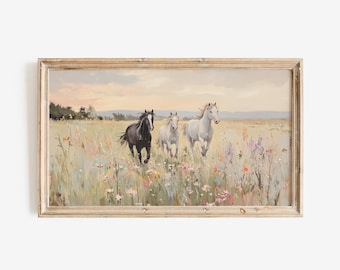 Cornice TV con cavalli in corsa, download digitale, prato di fiori selvatici, cielo pastello, per cornice TV Samsung, arredamento rustico per la casa in stile western, arte western con animali