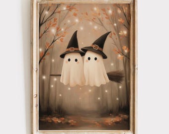 Cute Halloween Ghosts on Broom Digital Wall Art Printable for Nursery Decor, Flying Witch Ghosts in Autumn Forest Kids Room Artwork