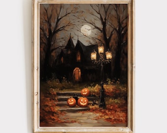 Haunted House Halloween Digital Wall Art with Glowing Pumpkins Black Cats Autumn Leaves Full Moon Spooky Gothic October Home Decor Print