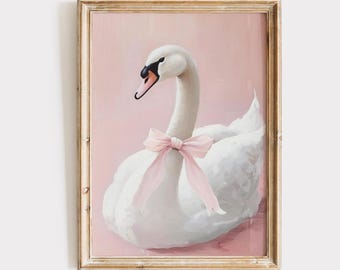 Coquette Pink Swan Art Print Vintage Printable Wall Art Pastel Farmhouse Nursery Painting Antique Swan Wall Art Bow Girly Wall Art Spring