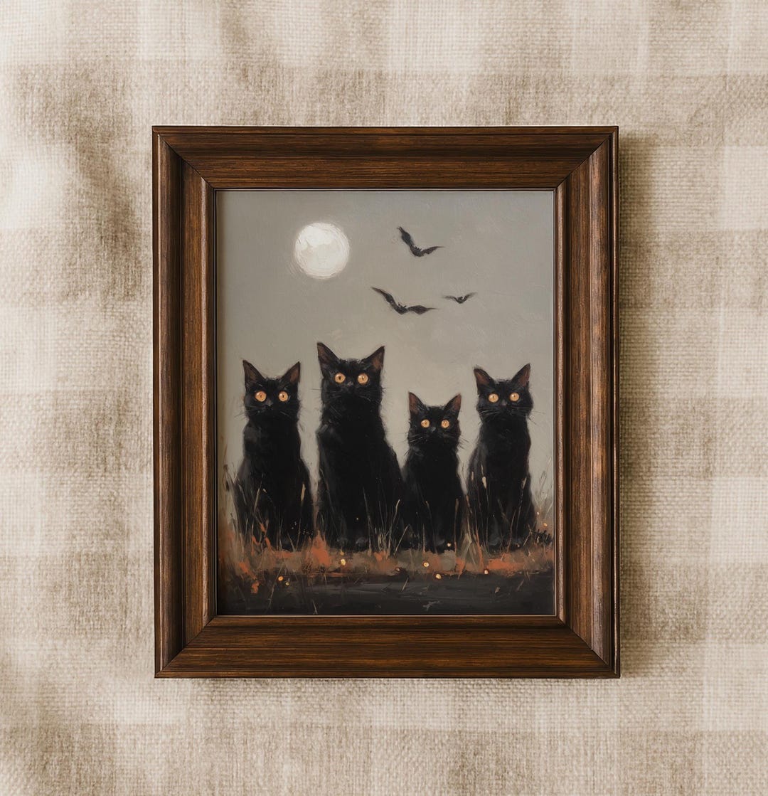 Black Cats Halloween Digital Wall Art Printable With Full Moon and ...