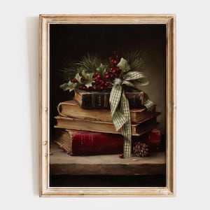 May include: A framed still life painting featuring a stack of antique books. The books are adorned with holly, red berries, and a green and white checkered ribbon. A pine cone rests on the wooden surface below the books. The painting has a vintage aesthetic.