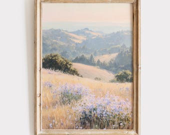 Wildflower Mountain Lanscape Printable Wall Art Blue Flower Field Countryside Landscape Print Country Painting Digital Art Summer Art Pastel