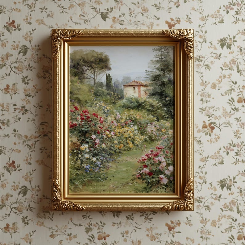 Vintage Rose Garden Wall Art Print, Romantic Cottage Landscape Painting ...