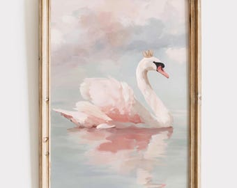 Coquette Pink Swan Art Print Vintage Printable Wall Art Pastel Farmhouse Nursery Painting Antique Swan Wall Art Bow Girly Wall Art Spring