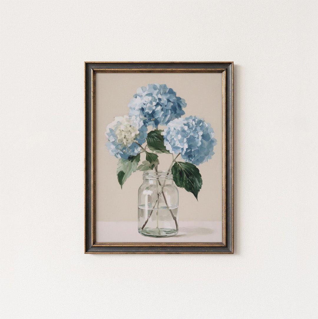 Blue Hydrangea Wall Art Print – Vintage Floral Painting in Glass Jar ...