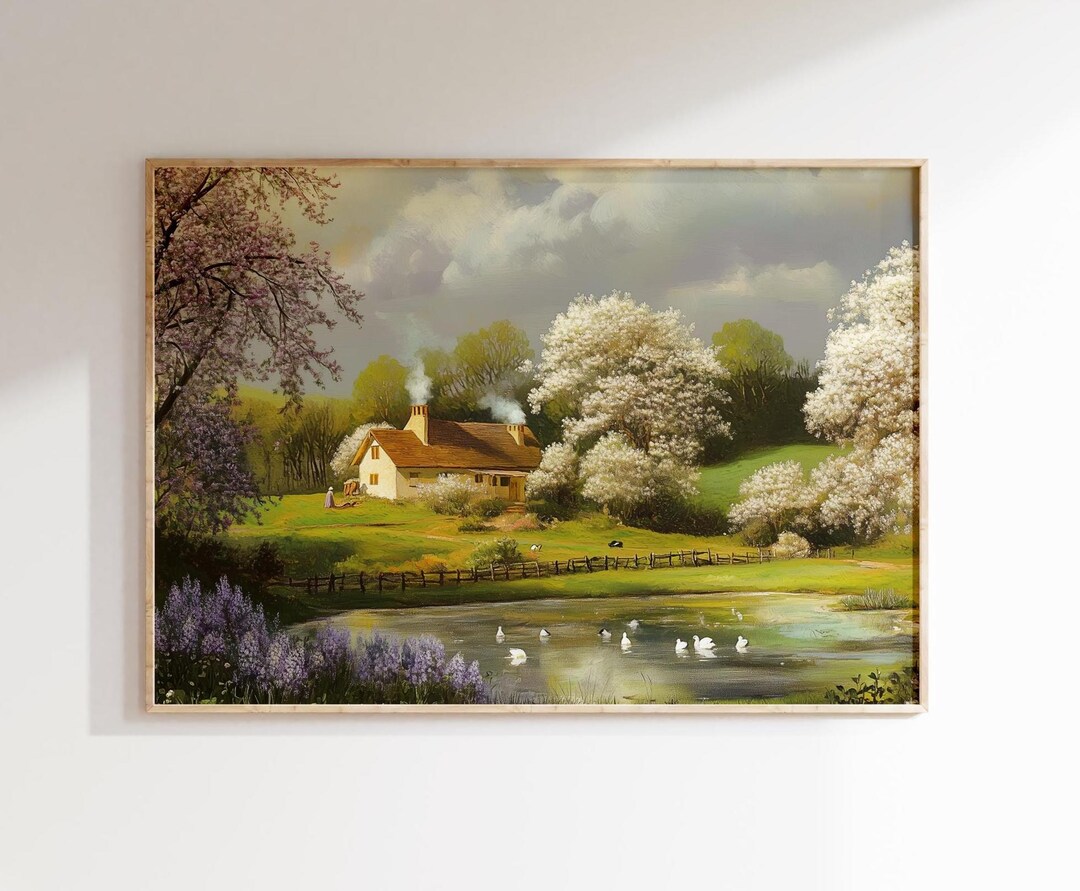 Countryside Cottage Spring Landscape Digital Oil Painting Print Wall ...