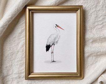 The Watchful Visitor Minimalist Stork Watercolor Digital Art Print with Neutral Background Scandinavian Nursery Wall Decor Elegant Nature