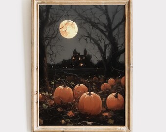 Haunted House Halloween Digital Wall Art with Glowing Pumpkins Black Cats Autumn Leaves Full Moon Spooky Gothic October Home Decor Print