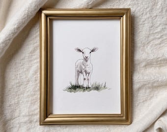 Whispers of Springtime Baby Lamb Watercolor Digital Art Print Minimalist White Background Farmhouse Nursery Wall Deco Country Cottage Animal