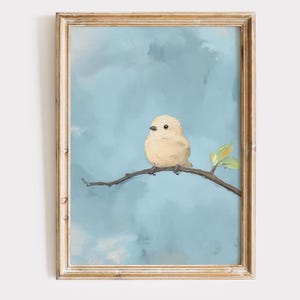 May include: A painting of a small, pale yellow bird perched on a branch against a light blue sky background.