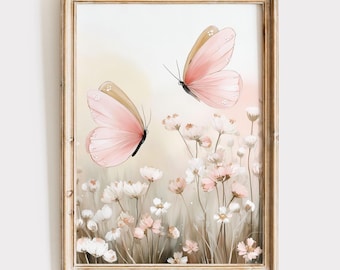 Pink Butterfly Nursery Wall Art – Soft Floral Digital Print for Girls Room – Pastel Butterfly and Wildflower Printable Baby Decor