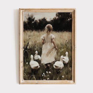 Vintage Country Girl Art Print Spring Rural Farm Scene Printable Wall Art Cottagecore Duck Decor Vintage Farmhouse Painting Digital Download