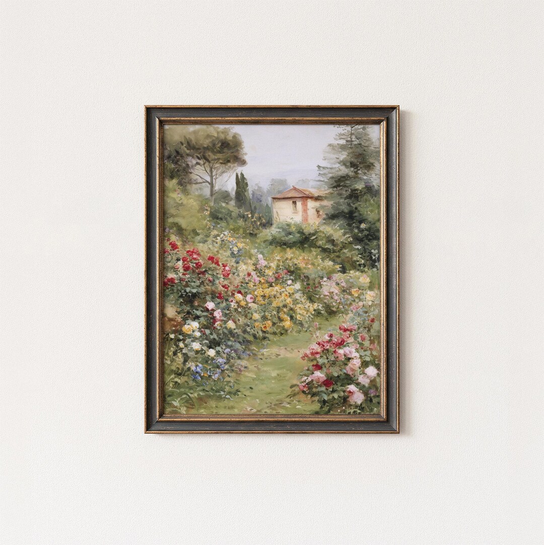 Vintage Rose Garden Wall Art Print, Romantic Cottage Landscape Painting ...