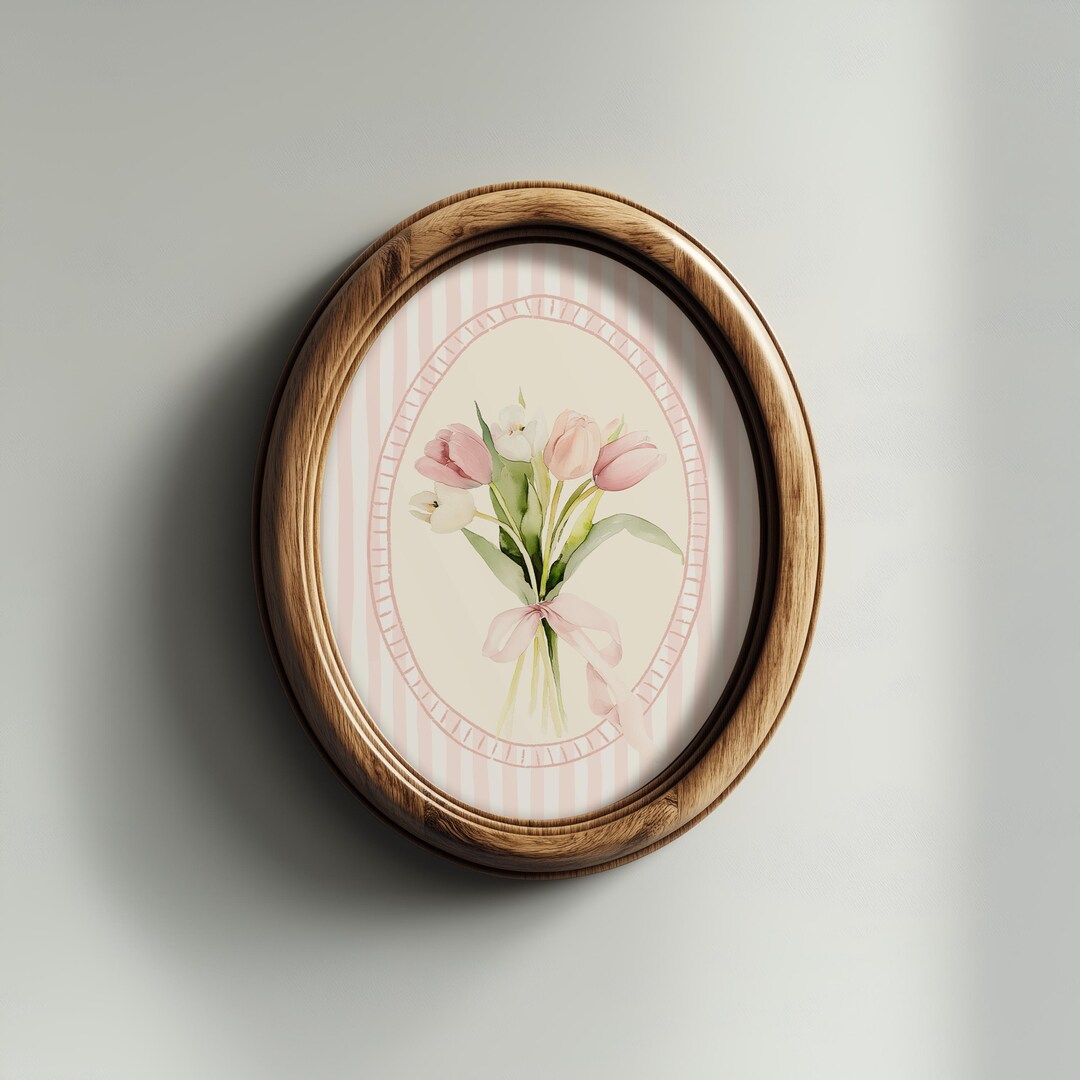 Pink Tulip Wall Art Print – Watercolor Floral Bouquet With Ribbon, Oval ...