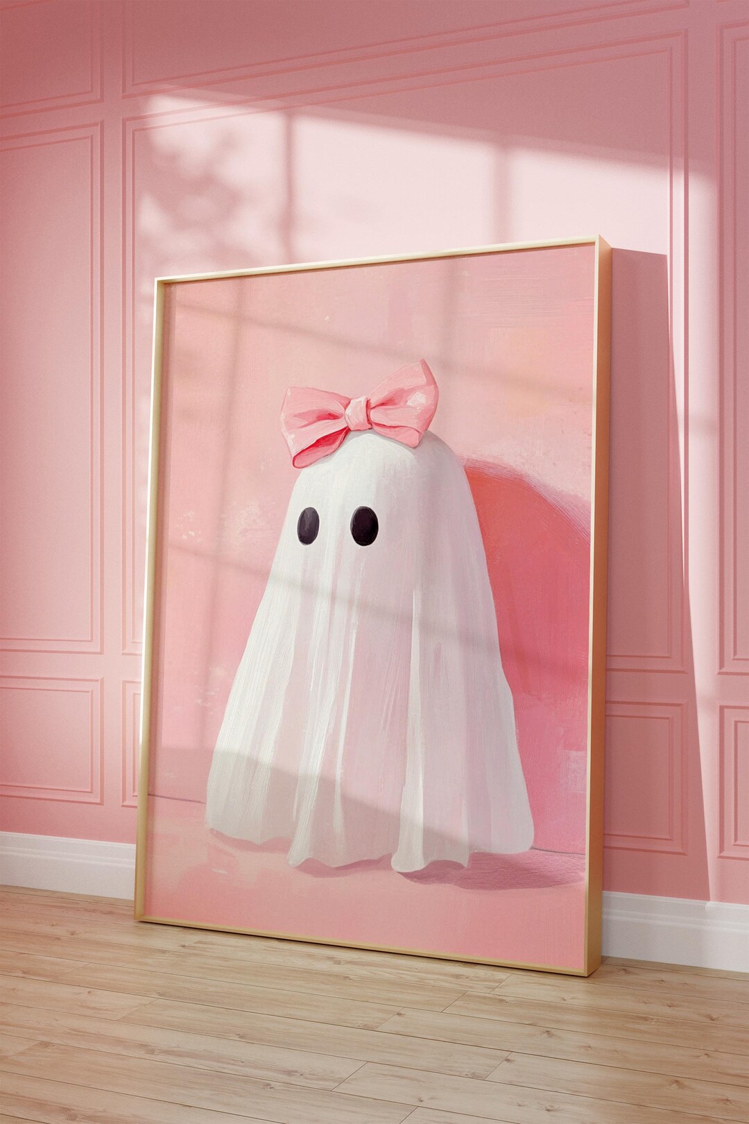 Pink Bow Cute Ghost Wall Art Print, Halloween Decor Preppy Trendy ...