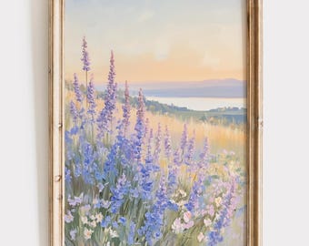 Wildflower Coastal Printable Wall Art Blue Flower Field Countryside Landscape Print Country Coastal Painting Digital Art Summer Art Pastel