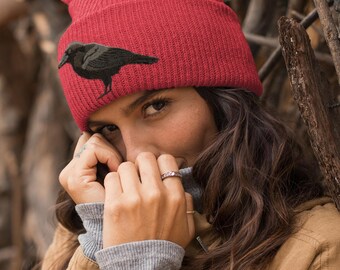 Embroidered Raven Cuffed Pom-Pom Beanie: One size fits all