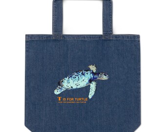 Hawksbill Sea Turtle: Organic denim tote bag -  Endangered Species Series