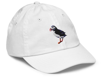 Embroidered Puffin Youth Baseball Cap: 100% Cotton Twill, Adjustable Strap, Available in 4 colors!