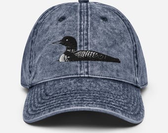 Vintage Cotton Twill Cap: Embroidered Loon Bird Dad Hat