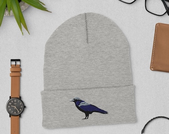 Raven Unisex Embroidered Cuffed Beanie: One size fits all