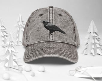 Gorra de sarga de algodón vintage bordada con cuervo / Ideal para Halloween / Disponible en 3 colores / Sombrero para amantes de las aves
