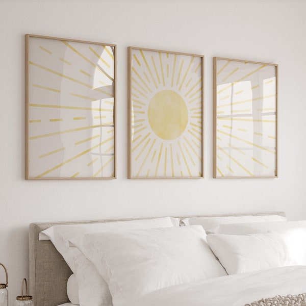 Set of Three Yellow Sun Wal Art. 3 Piece Pastel Sun Print. Lite Yellow Bedroom Art. Off-white Modern Minimalistic Livingroom. Download.