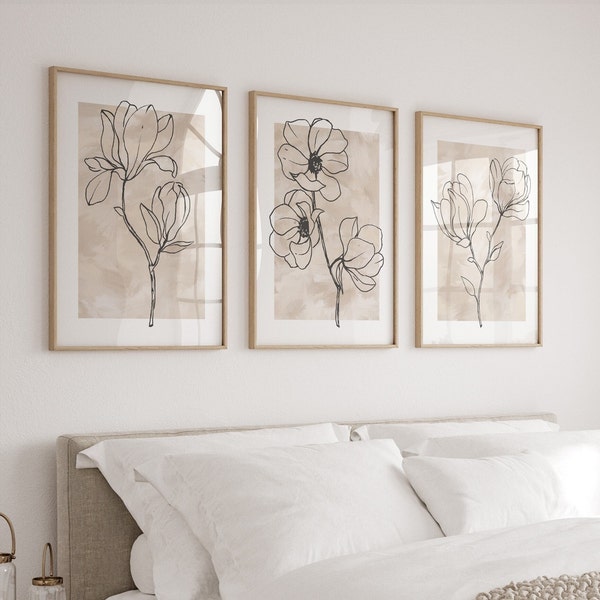 Art mural neutre. Ensemble de 3 imprimés magnolia beiges. Tableau minimaliste moderne. Poster imprimable pastel. Art déco fleur. Télécharger