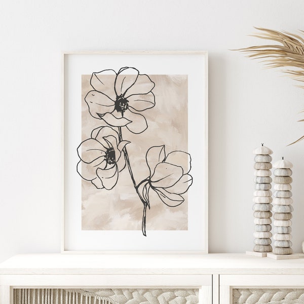 Magnolia Wall Art. Neutral Tones Home decor Print. Beige Pastel Wall Decor. Flower Line Art Printable. Digital download