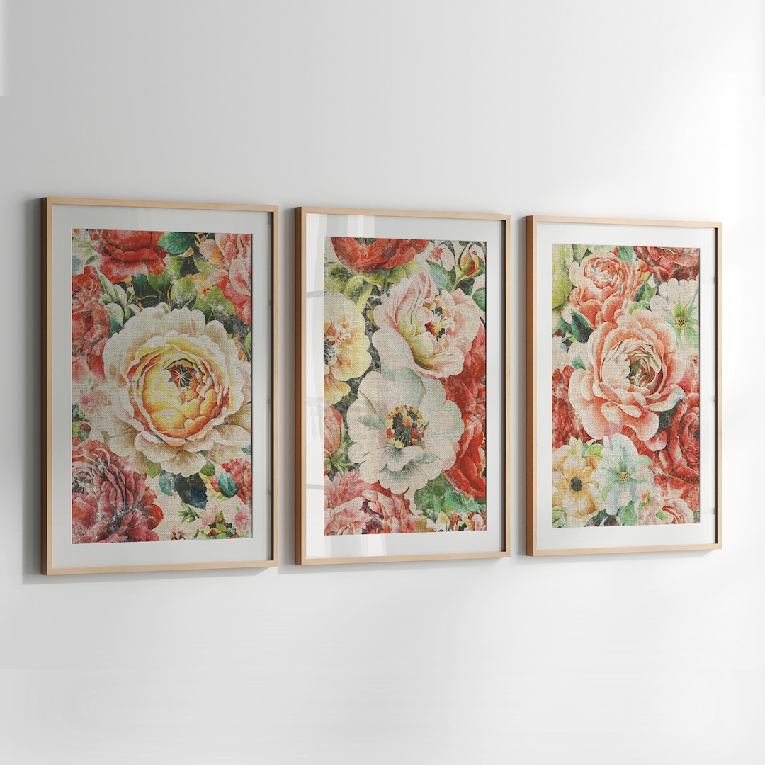 Red Flowers Wall Art Set of 3. Colorful Vintage Style Floral Prints