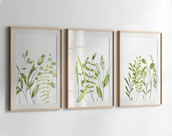 Green Leaves Wall Art. Watercolor Greenery Print. Wild Flower Plants. Light Sage Green Bedroom Decor.  Garden Illustrations Hand Painting.