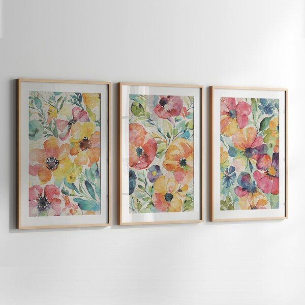 Colorful Wildflowers Wall Art. Linen Texture Floral Print. Wild Flower Pink Orange Yellow Purple Blue Green. Vibrant Bed room Decor.