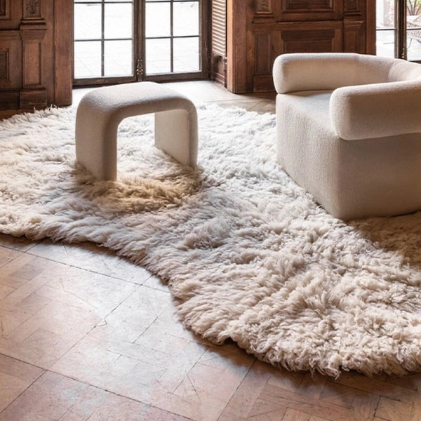 Shaggy lana blanco riñón forma mano copetudo país oriental lana alfombra hecha a mano alfombra de lana sala de estar alfombra mano copetudo alfombra dormitorio decoración del hogar