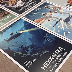 May include: A retro-style poster with a dark blue background featuring a submarine and coral reefs. The text reads "Hidden Sea - Ganymede - Intergalactic Parks" and "What Lurks in the Dark?"