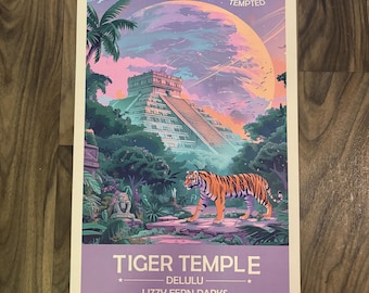 Tygrysia Świątynia Planeta Delulu – wydruk artystyczny | Retro futurystyczny plakat