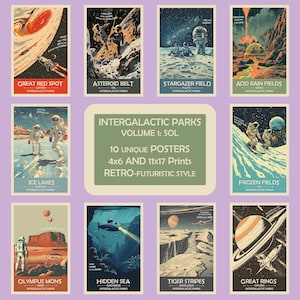 Parques Intergalácticos Volumen 1 Descarga Digital Vintage Futuro Retro Arte de Pared Póster Interestelar con Temática Espacial Planeta Sistema Solar Astronauta