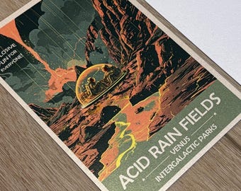 Kwaśne deszcze, pola Wenus, wydruk artystyczny | Plakat retro z podróżami kosmicznymi