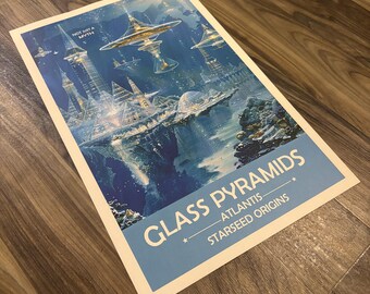 Szklane piramidy Atlantydy – wydruk artystyczny | Retro futurystyczny plakat kosmiczny