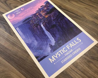 Plakat artystyczny Hadarian Mystic Falls | Retro futurystyczny plakat kosmiczny